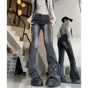 Damesjeans grunge y2k lage stijging flare voor vrouw streetwear esthetische splitsing vlinder vintage gewassen denim broek broek vrouw