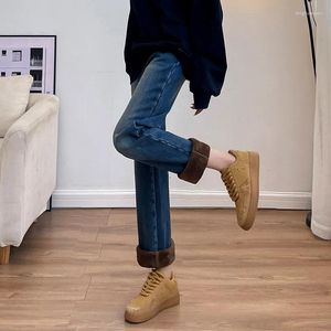 Jeans pour femmes GUUZYUVIZ 2023 Hiver Velours Épaissi Chaud Élastique Jambe Droite Taille Haute Lâche Pantalon Large En Molleton