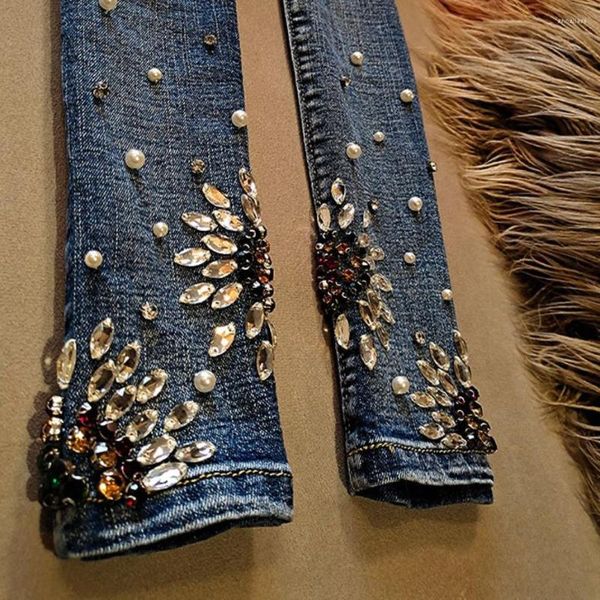 Damen-Jeans, handgefertigt, Perlen, Strass, Damen, Perle, Diamant, knöchellang, Frühling, Herbst, dünner Bleistift