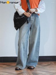 Jeans pour femmes Hanorange 2024 printemps vintage lavé mode haute taille larges femmes pantalon de jean décontracté lâche bleu