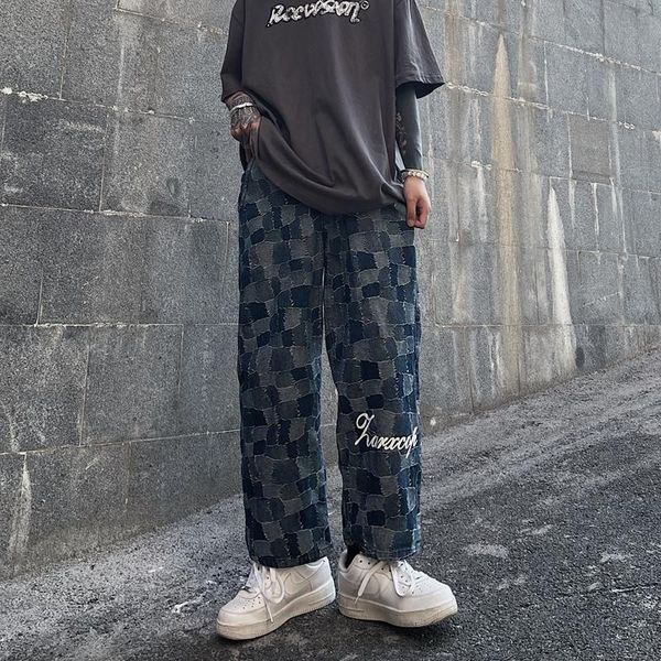 Pantalones vaqueros de mujer Harajuku INS Trend Design Sense Spring And Summer Salt Lattice Letter Printing Pantalones rectos de pierna ancha para hombre