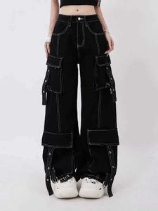 Jeans pour femmes Ligne Harajuku Jeans taille haute décoratifs pour femmes 2023 Dopamine portant un jean noir droit polyvalent multi-poches J240217