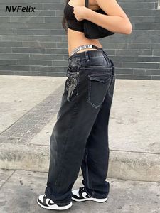 Jeans pour femmes Harajuku imprimé Cargo Y2K bleu foncé marron taille haute Streetwear années 90 pantalon Baggy pantalon droit jambe large 230322