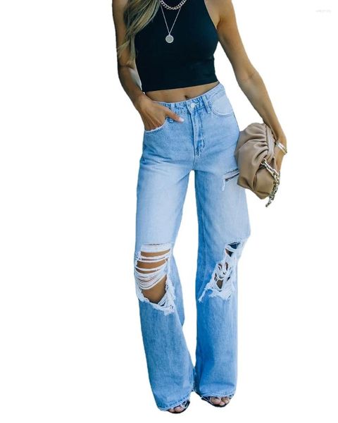 Jeans féminins Harajuku Ripped Femmes Pantalons denim Classic Deep Crotch Y2k Blue High Waist 90S Band Pantalon droit jambe droite