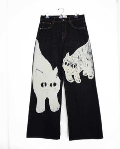 Jeans pour femmes Harajuku Y2K Street Apparel er Grand chat blanc imprimé taille haute pantalon à jambe droite Jeans pour femmes mode pantalon à jambes largesyolq