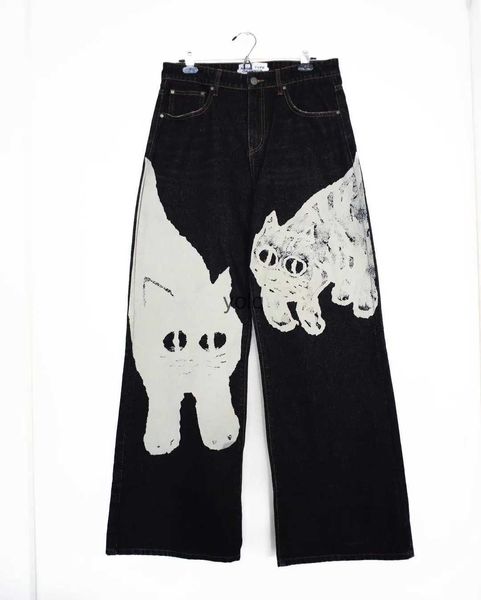 Pantalones vaqueros de mujer Harajuku Y2K Street Apparel er Pantalones de pierna recta con estampado de gato blanco grande Pantalones vaqueros de mujer Pantalones de pierna ancha de moda yolq