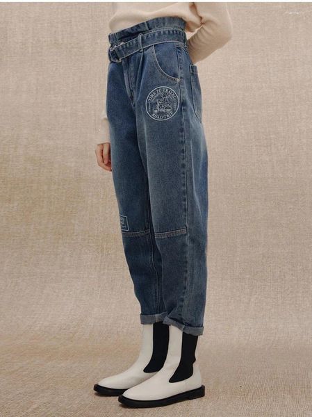 Jeans pour femmes harem pantalon mode ours broderie bleu couleurs femmes ceintures hautes taille street porte pantalon de lady