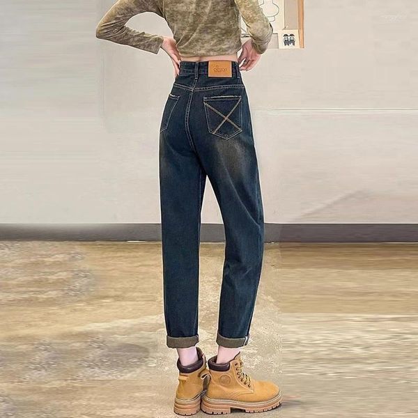 Jeans pour femmes Harlan Brand de cuir féminin Design de collision de couleur haute taille haute