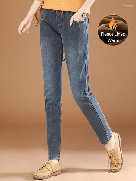 Jeans para mujer HCXR Mujeres 2023 Invierno Elástico Cintura Sólido Denim Pantalón Retro Casual Chic Fleece Forrado Cómodo Pantalón Cálido