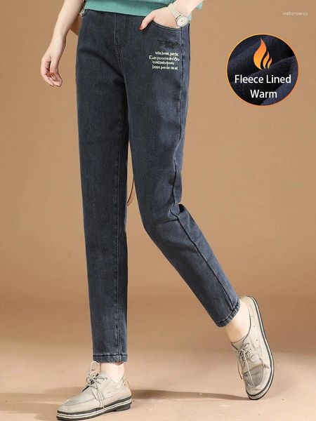 Jeans para mujeres HCXR Mujeres 2024 Diseño de bordado de invierno All-Match Denim Pantalía elástica de la cintura retro de lana