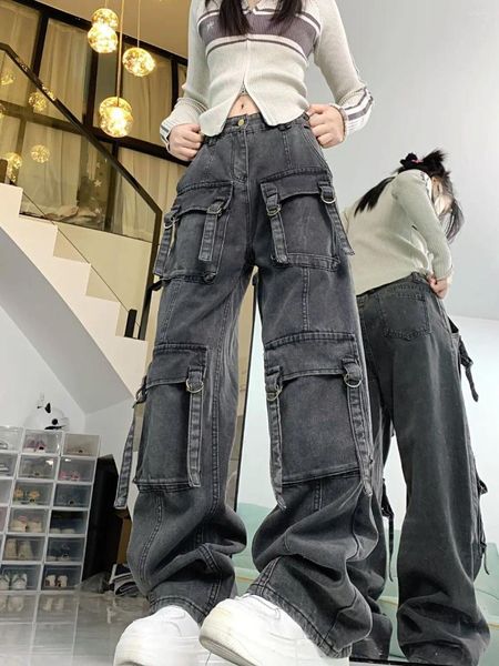 Jeans pour femmes lavés lavés multi-poche pantalons de chargement des femmes personnalité gris foncé hauteur taille bineuse mince pantalon décontracté
