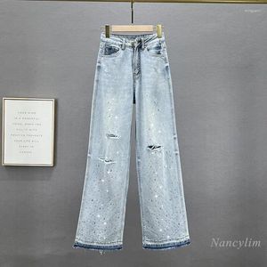 Jeans pour femmes lourde broderie forage large femme 2024 printemps chute haute taille et minceur pantalon de vadrouille déchiré