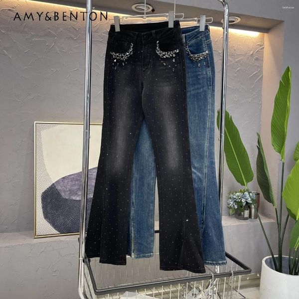 Jeans pour femmes épais à la main à la main diomand denim Bootcut pantalon femmes pantalons de cloche gracieux de haute qualité