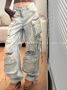 Jeans voor dames Zware industrie Multi-pocket gewassen cargobroek Dames Y2K Vintage Street chic Hoge taille Losse oversized jeans met rechte pijpen 230911