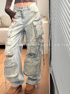 Jeans pour femmes Industrie lourde Pantalon cargo lavé multi-poches Femmes Y2K Vintage Streetwear Taille haute Lâche surdimensionné Jeans à jambe droite 231116