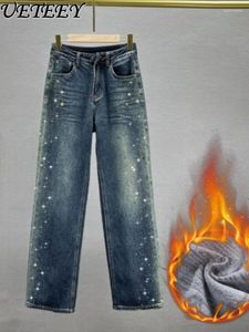 Damesjeans Zware industrie Strass Denim Wijde pijpen Broek Herfst Winter Dun fluwelen Dikke rechte pijpen Stretch Mode