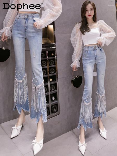 Jeans para mujer Industria pesada Borla Diamante Estiramiento Slim Mujeres 2023 Primavera Otoño Cintura alta Ripped Irregular Bell-Bottom Pantalones Mujer