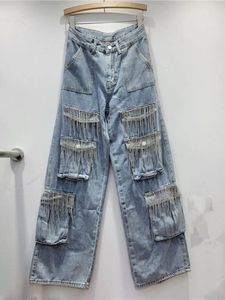 Jeans pour femmes industrie lourde gland strass poche salopette femmes 2024 automne hiver fille américaine droite lâche jambe large