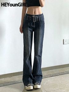 Jeans de mujer HEYounGIRL Casual Vintage Black Jeans Mujer 2000s Estética Flaca Flared Pantalones Capris con cinturón Moda Coreana Pantalones L230316