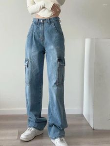 Jeans pour femmes de haute qualité bleu 2023 mode d'automne taille confortable vêtements cargo multi-poches