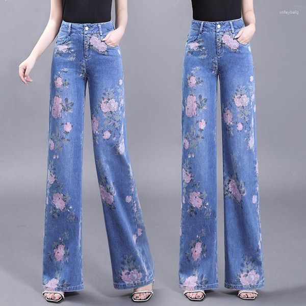 Jeans pour femmes de haute qualité mode lavé à la taille pour les femmes 2023 printemps/été rétro rose imprimé jambe droite pantalon large