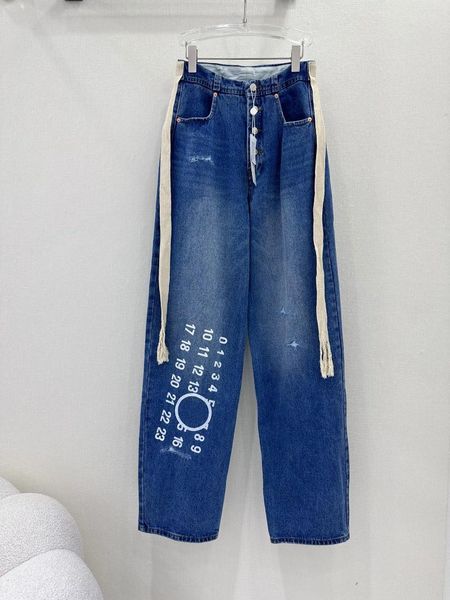 Jean femme haute qualité Vintage imprimé numérique pantalons taille mince sangle lettre cordon jambe large pantalon droit