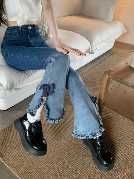 Jeans pour femmes de haute qualité taille contrastée 2023 bois oreille côté fente pantalon coupe cintrée arc évasé denim y2k streetwear femmes