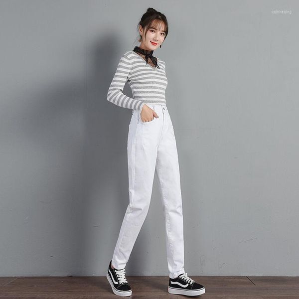 Jeans femme haute qualité blanc femmes taille élastique droite printemps été coton Denim sarouel noir Cowboy pantalon