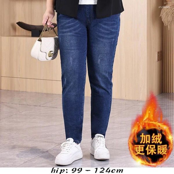 Jeans pour femmes de haute qualité hiver chaud pour femmes plus taille tissu extensible taille élastique coton denim doublure en peluche pantalon - bleu noir