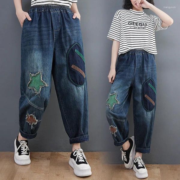 Jeans pour femmes de haute qualité femmes rétro patch brodé imprimé lâche m-2xl déchiré cool