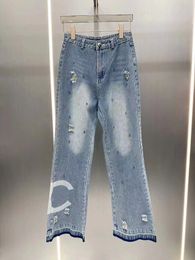 Damesjeans, hoogwaardige damesbroeken, designer rechte broeken met wijde pijpen, gaten tonen de grootte van dunne damescasual broeken, SML