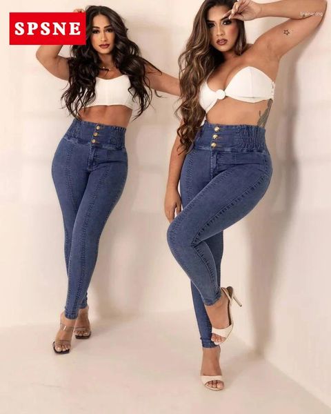 Jeans pour femmes High Rise Skinny Perfect Hip Proportion Façonnez les pantalons en denim Belon de contrôle d'accès avec trois boutons