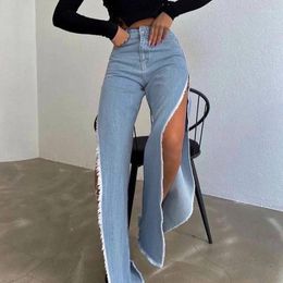 Jeans longs à fente haute et bordure en fourrure pour femmes, bleu, taille moyenne, bouton de fermeture éclair, pantalon noir Hipster à jambes larges