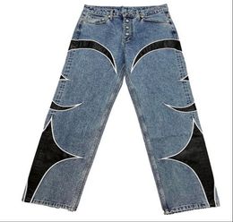 Dames Jeans High street Amerikaanse retro Y2K gedrukte zwarte patchwork patroon jean voor mannen en vrouwen losse rechte wijde pijpen broek casual 230422