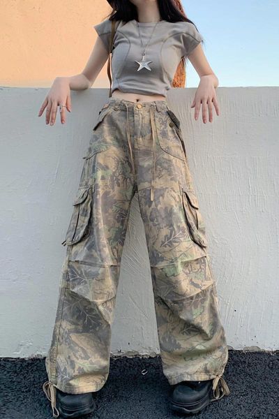 Femmes en jean pour femmes High Street American Style Washed Bands Femme 2024 Modèles à camarade Camouflage Pocket Loose et CHARGO