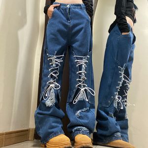 Jeans pour femmes High Street Casual Lace Up Ripped Baggy Y2K Design de mode Pantalons Hip Hop Couples Longueur de plancher 230901