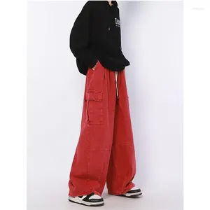 Jeans pour femmes, salopette décontractée, rouge uni, jambes larges, pantalon américain rétro surdimensionné Y2k Cargo avec cordon de serrage, pantalon en Denim