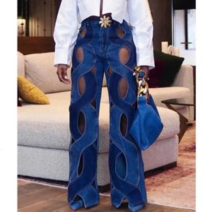 Vrouwen Jeans High Street Knipsel Hollow Out Kriskras Recht Flare Vrouwen Denim Broek 2023 Ins Mode Wijde Pijpen Broek 230422