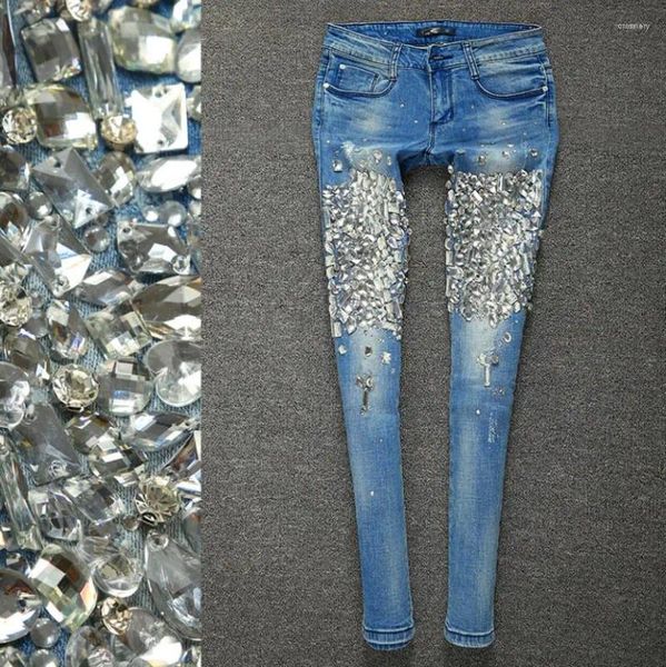 Jeans para mujer High Street Hecho a mano Diamante Brillante Lápiz Mujeres Moda Estiramiento Flaco Denim Pantalones Q666