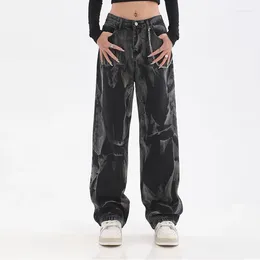 Jeans pour femmes High Street Hip Hop Noir Femmes Streetwear Vintage Tie Dye Chaîne Pantalon surdimensionné Mode Casual Pantalon droit à jambe large