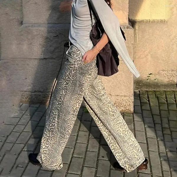 JEANS'S Jeans High Street Leopard Print Lignet pour les femmes Men Men Retro Streetwear Denim Pants avec des poches de houblo