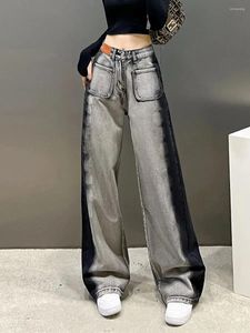 Jeans pour femmes High Street Rétro Contraste Gris Noir Taille Droite Baril Large Jambe Minimaliste Slim Balayage Pantalon De Sol