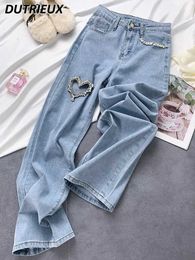 Damesjeans High Street lente en herfst Los gewichtsverlies Jeans met rechte taille Wijde pijpen Dames hart diamanten denim tasbroek J240306