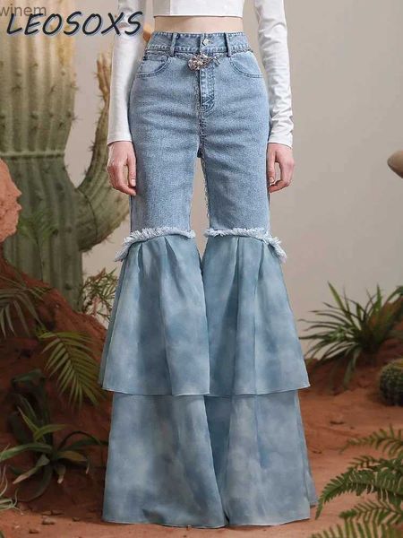 Jeans de mujer Pantalones de mezclilla teñidos con lazo de High Street Pantalones de campana con costuras estampadas de organza delgados personalizados Otoño Nuevos jeans de cintura alta L240105