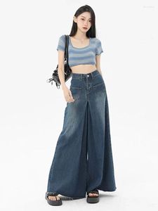 Jeans de mujer High Street Vintage Summer Cintura delgada Slim Fleece Pocket Pantalones de pierna ancha Loose Draping Floor Draging