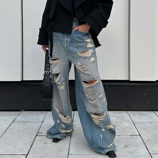 Jeans pour femmes High Street Wide Leg Cargo Pantalons Femmes Américain Rétro Low Rise Lâche Y2K Ripped Denim Pantalons Harajuku Casual Pantalones