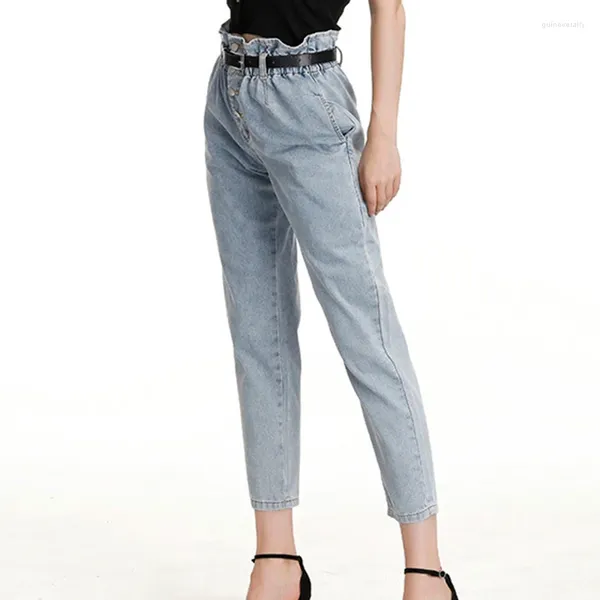 Jeans femeninos de alto estrazamiento a gran tamaño diario con volantes Pantalones casuales de cinturón alto-ajustado holgado