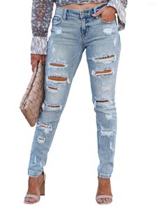 Jeans pour femmes Jambes déchirées à haute extensibilité Skinny Frayed Distressed Light Blue Denim Pants Vêtements pour femmes