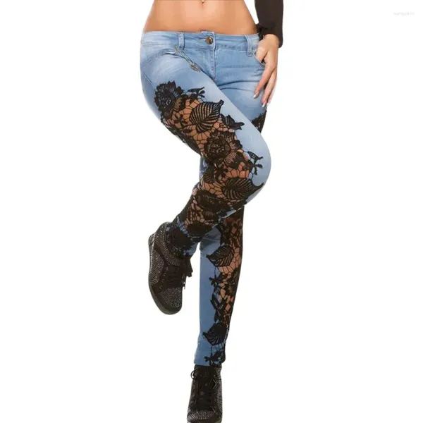 Jeans De Mujer Alto Elástico Desgastado Rasgado Apliques Florales Encaje Ahuecado Cintura Baja Ajuste Delgado Moda Lápiz Pantalones De Mezclilla