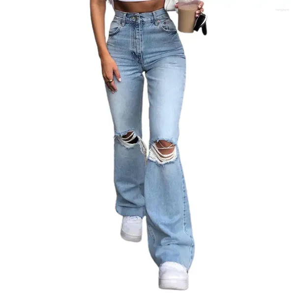 Jeans pour femmes taille haute bleu déchiré boot coupé pour femmes mode stretch genou denim pantalon évasé décontracté pantalon femme noir 2024